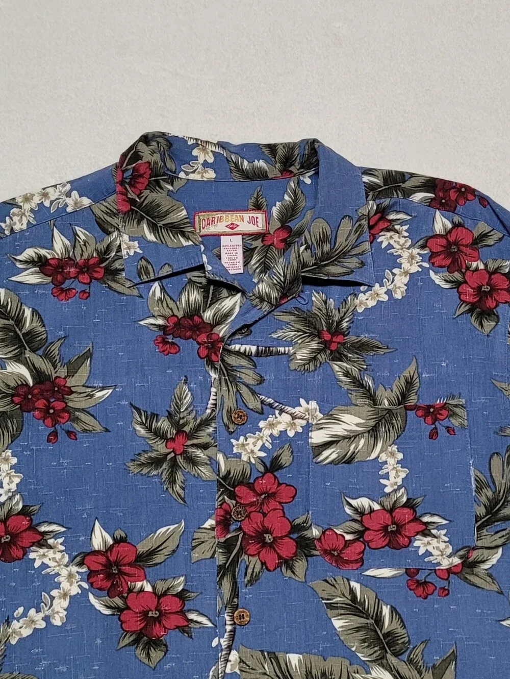 Bobby Cobb Vintage Caribbean Joe Blue Tropical Barkcloth Print Button Up Shirt